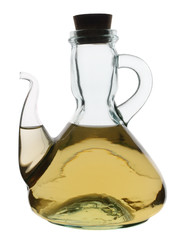 Glass jug with white wine vinegar isolated on white