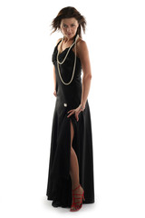 Girl in black dress isolated on white background