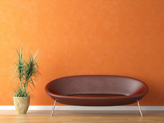 red couch on orange wall