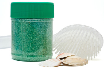 Bath salt, shells and brush
