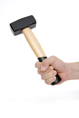 Holding a large hammer
