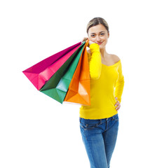 happy woman with colorful shopping bags