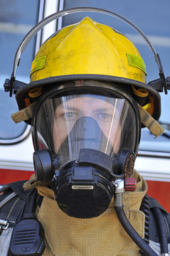 Fireman wearing air mask