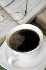 black hot coffee, books