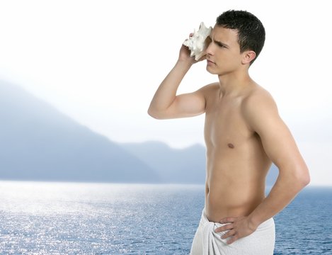 Young Handsome Man After Bath, Hearing Sea Shell