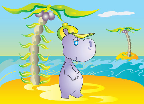 Hippopotamus on the beach. Vector.