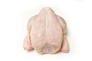 Whole raw chicken isolated on a white studio background.