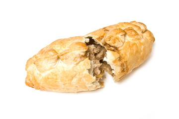 Cornish pasty isolated on a white studio background.