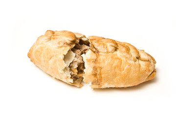 Cornish pasty isolated on a white studio background.