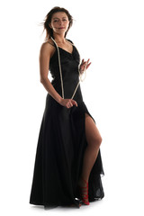 Girl in black dress isolated on white background