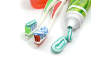 toothpaste and toothbrushes closeup