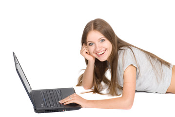 Naklejka premium Surprised happy girl with laptop