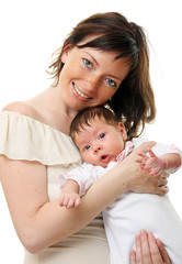 Picture of happy mother with baby over white