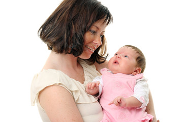 Picture of happy mother with baby over white