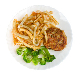fried potatoes with cutlet and broccoli