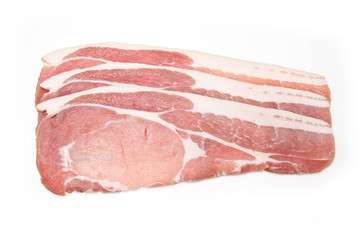 Rashers of bacon isolated on a white studio background.