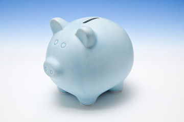 Blue piggy bank style money box.