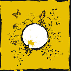 Grunge yellow floral frame with butterflies