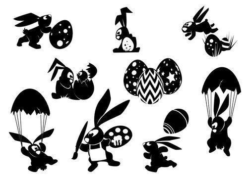 Silhouetted Easter Bunies in actve poses