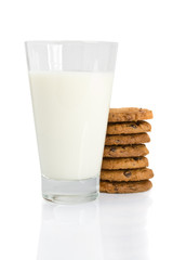 Chocolate chip cookies and a glass of milk isolated on white.