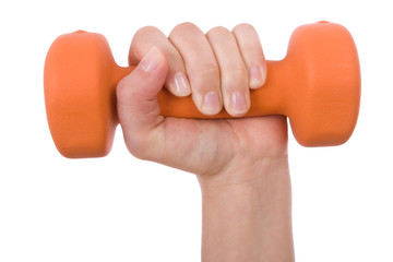 Female hand holding a dumbbell isolated on white