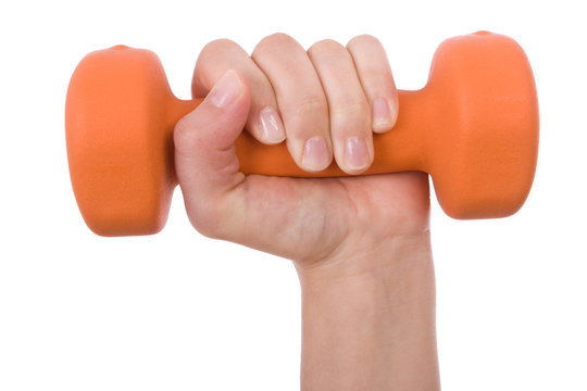 Female Hand Holding A Dumbbell Isolated On White