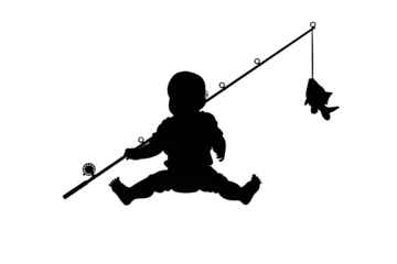 Cercles muraux Pêcher silhouette of baby fisher with a fish isolate