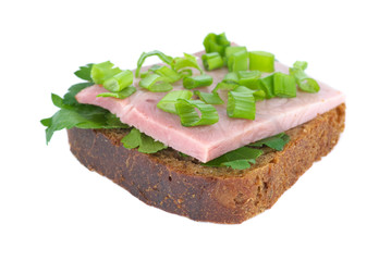 Ham sandwich with rye bread, parsley and spring onion
