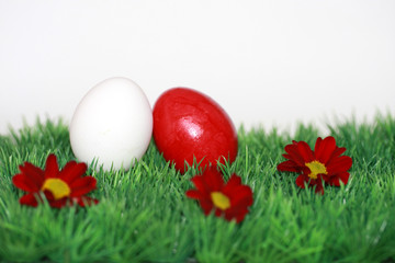 Rote Blumen und bunte Eier