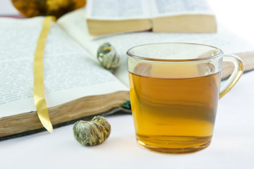 Green tea and the opened books