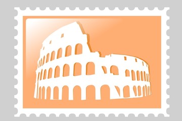 Naklejka premium Postage stamp. Colosseum Amphitheater - famous Italy landmark.