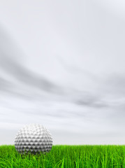 3d white golf ball in green grass on a blue sky with clouds