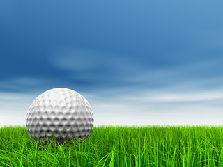 conceptual 3D golf ball on green grass over a blue sky