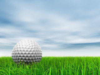conceptual 3D golf ball on green grass over a blue sky