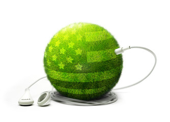Green planet covered with USA flag listening to music - 12602312