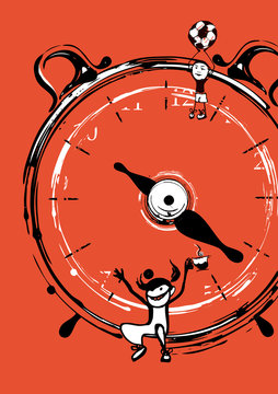 A little boy and a girl playing with the big clock