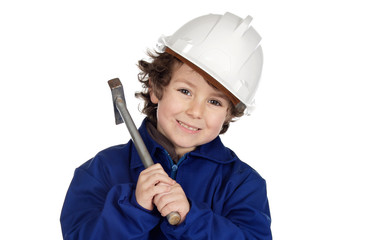 Fototapeta premium Adorable future worker with a hammer and a helmet