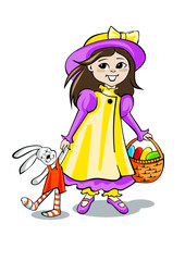 Cute girl with basket of Easter eggs