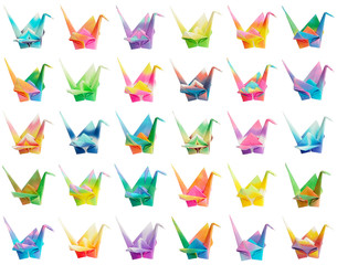 30 colourful paper cranes isolated on a white background