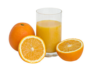 Glass of natural orange juice and oranges