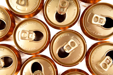 Open aluminum drink cans closeup