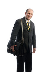 happy smiling business executive with leather attache travel bag
