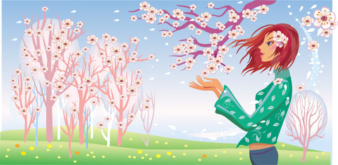 Obraz na płótnie Canvas Spring girl and tree in bloom