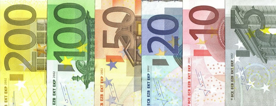 detail of banknotes; from 5 to 200 euro