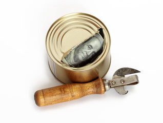 One hundred dollar's note inside opened tin and can opener