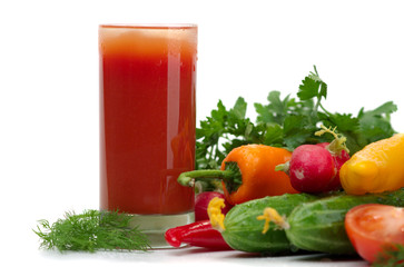 Fresh vegetables and glass of tomato juice