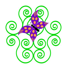 The violet butterfly on an abstract ornate shape