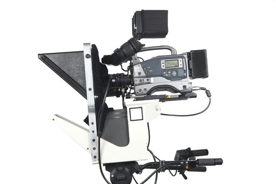 Professional video camera with teleprompter,  isolated on white