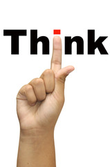 Hand with think word isolated in white
