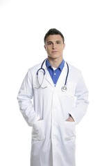 Fototapeta premium Young handsome doctor isolated on white